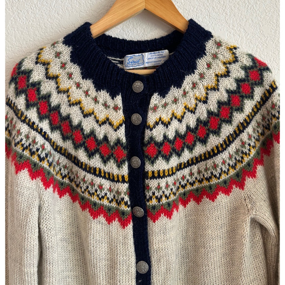 VTG Siril Hand Knitted Sweater Shop Faire Isle Nordic Cardigan Large? 100% Wool - Picture 2 of 6